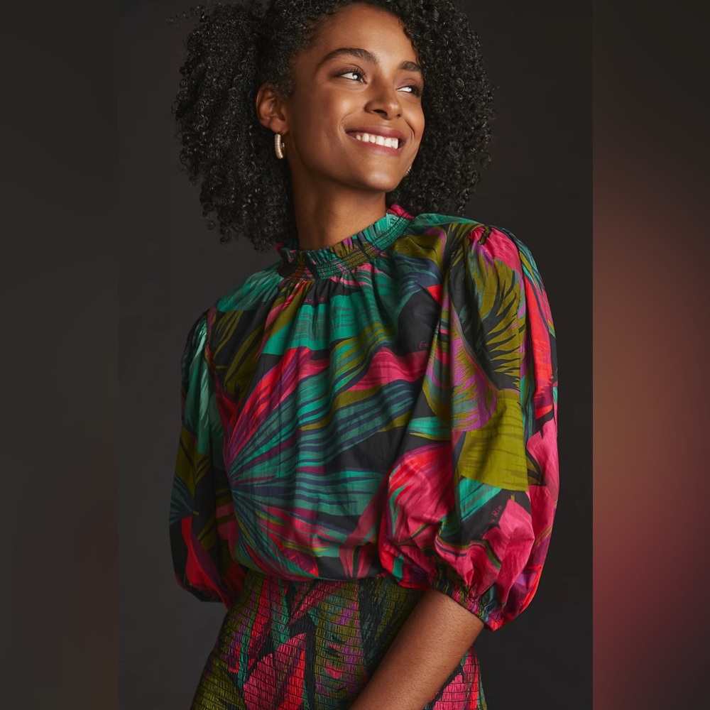 FARM Rio Smocked Puff-Sleeve Dress in midnight leaves - Picture 4 of 5